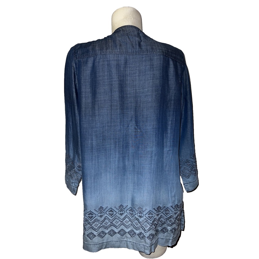 New Chico's Royal Dip Dye Chambray Embroidered Open Front Duster Jacket Size 2 L - Picture 6 of 10